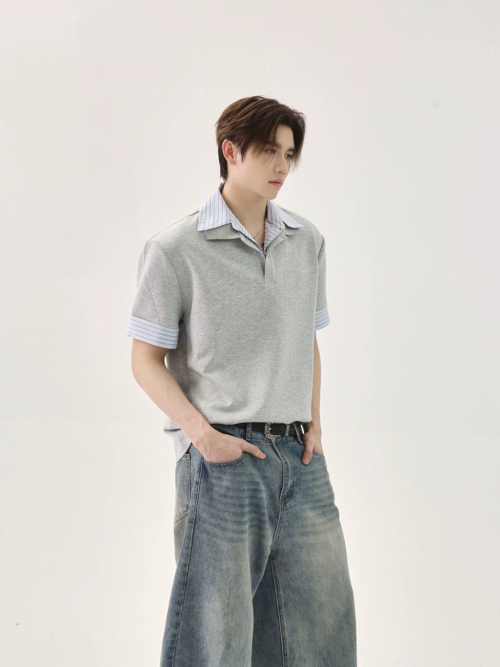 TURNTIDE Spliced Striped Loose Casual Versatile Short-sleeved POLO Shirt
