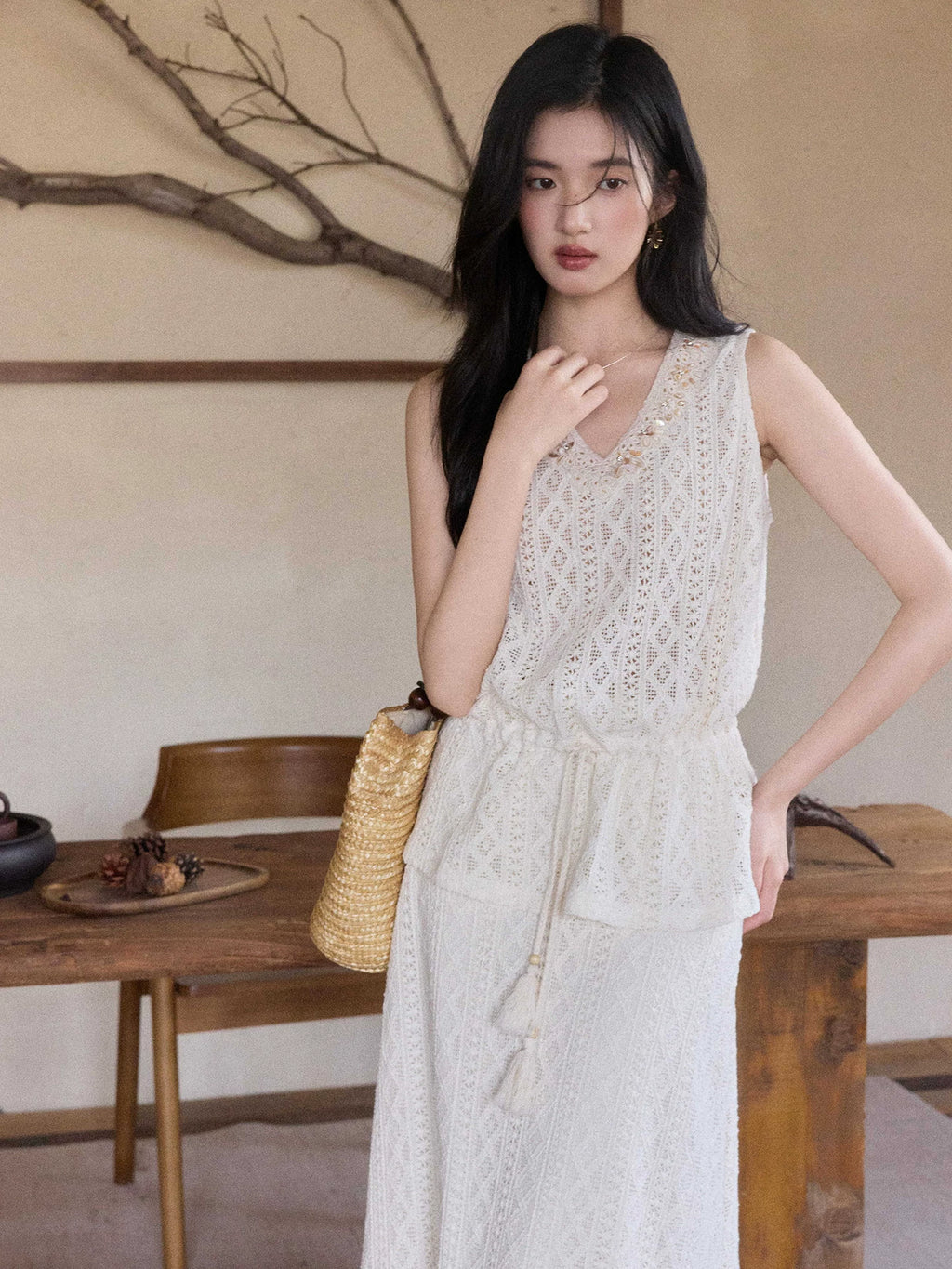 TYANG Bead Drawstring Top Hollow High Waist Skirt Set