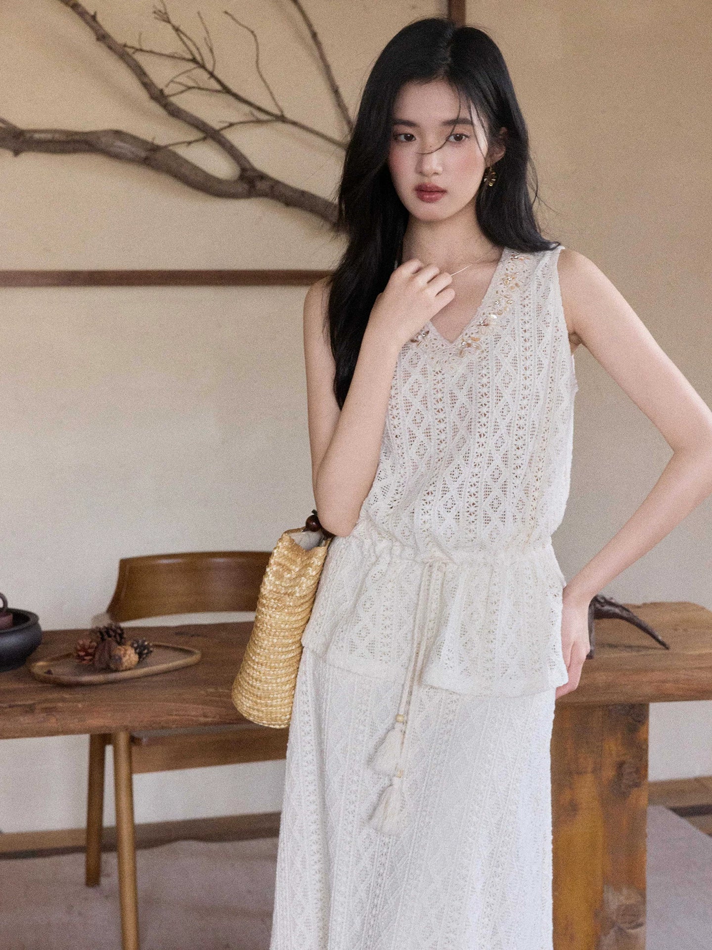 TYANG Bead Drawstring Top Hollow High Waist Skirt Set