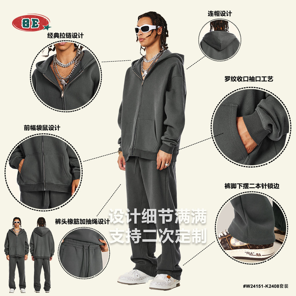 BE Thrived Clothing Loose Fleece Solid Color Zipper Hooded Sweater Casual Pants Set