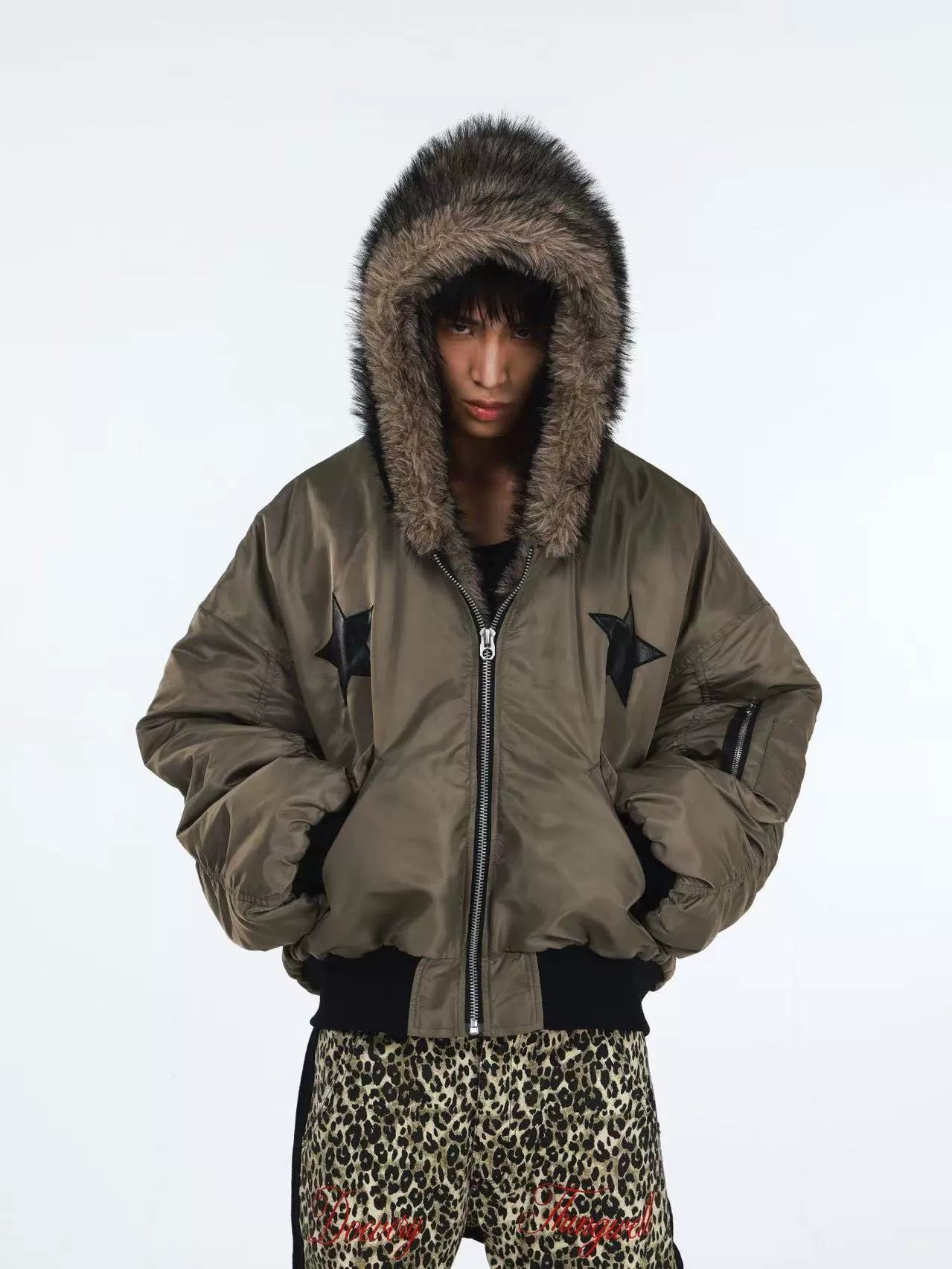 DETW Five-pointed Star Fake Two-piece Fur Collar Hooded Cotton Dress