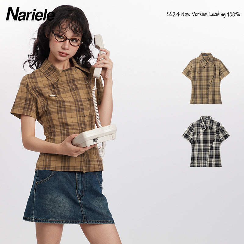 Nariele New Chinese Button College Plaid Short Sleeve Shirt