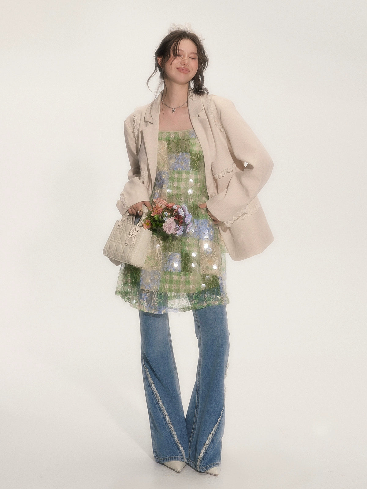 SASSY MOODY Sequined Suspender Temperament Lace Vacation A-word Dress