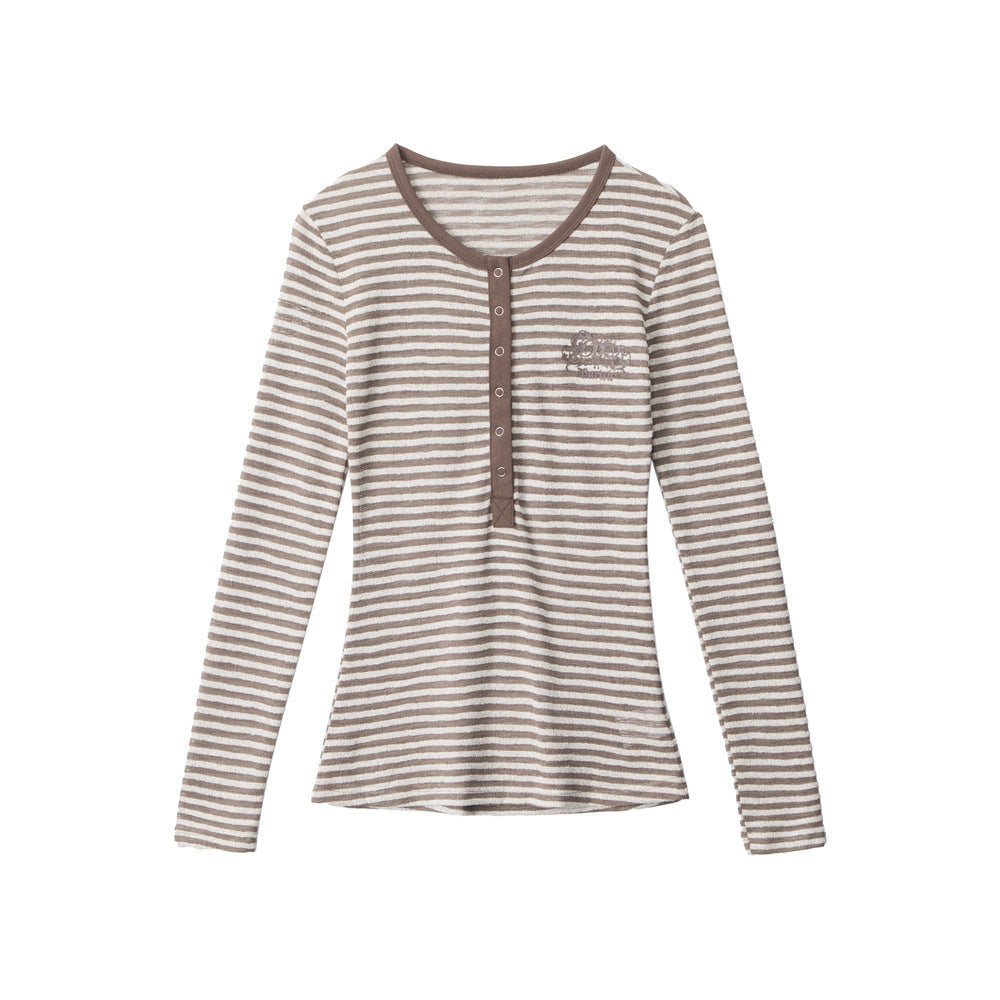 Nariele Henry Collar Slim Skinny Striped Long Sleeves