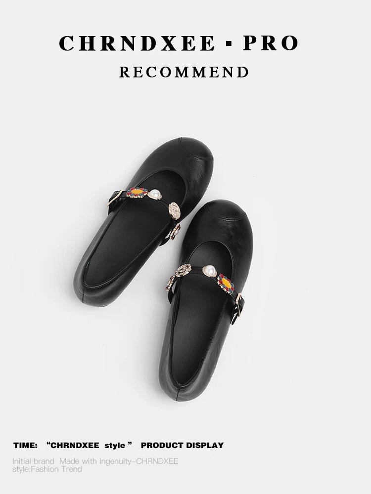 CHRNDXEE Retro Round Head Shallow Mouth Flat Mary Jane Shoes