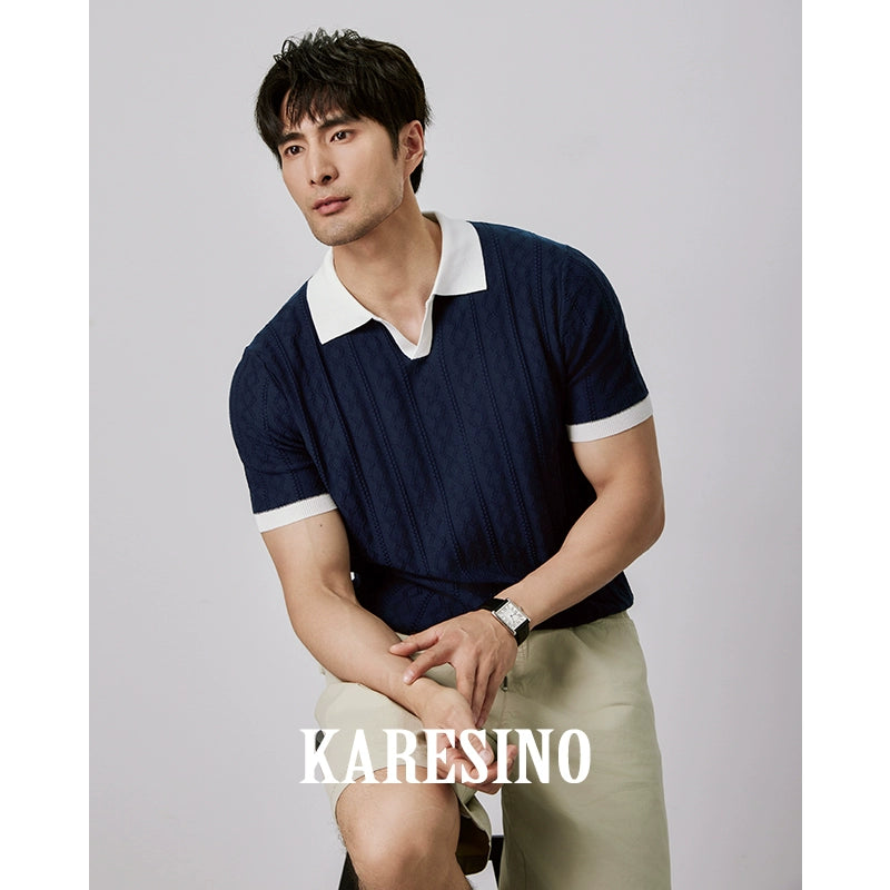 KARESINO Jacquard V-neck Contrasting Splicing Polo Shirt