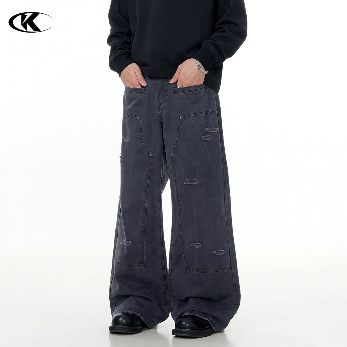 11KN irregular ripped Loose straight pants