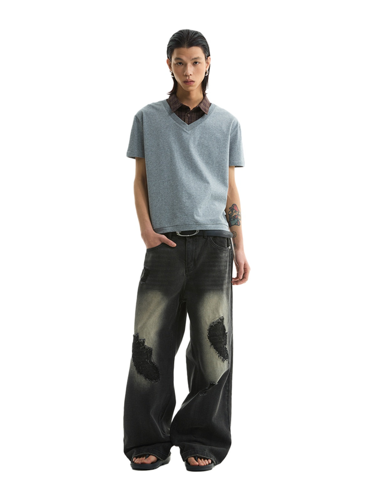 FUNKYFUN Irregular Ripped Patch Straight Jeans