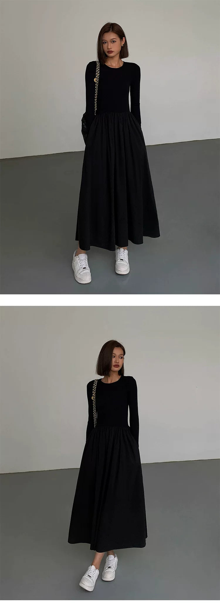 OUSPH Crew Neck Long Sleeve Knitted Dress