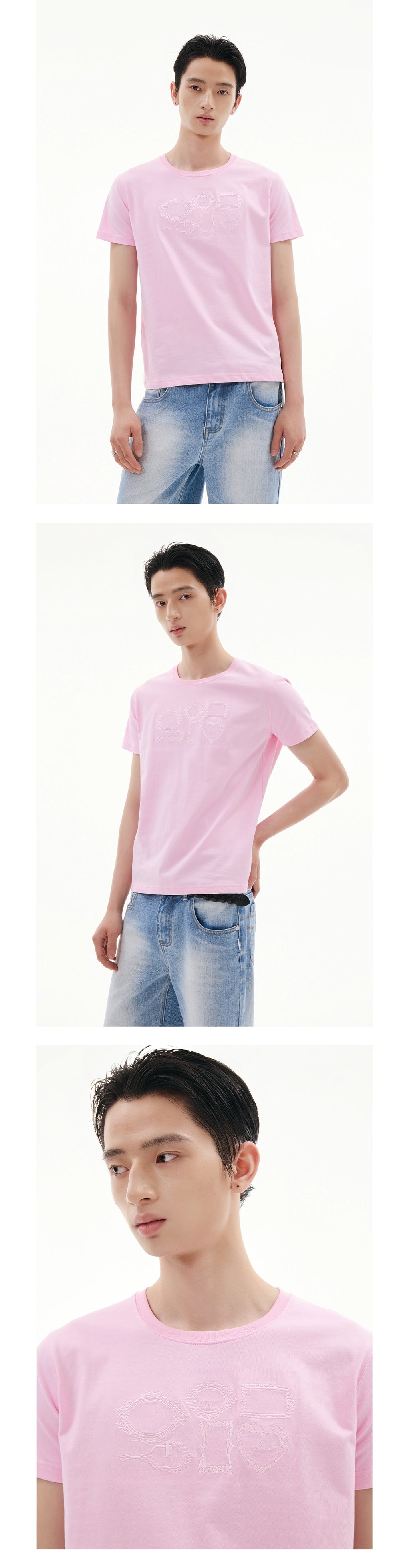 FUNKYFUN Picture Frame Same Color Three-dimensional Embroidery Loose Front Shoulder Tee