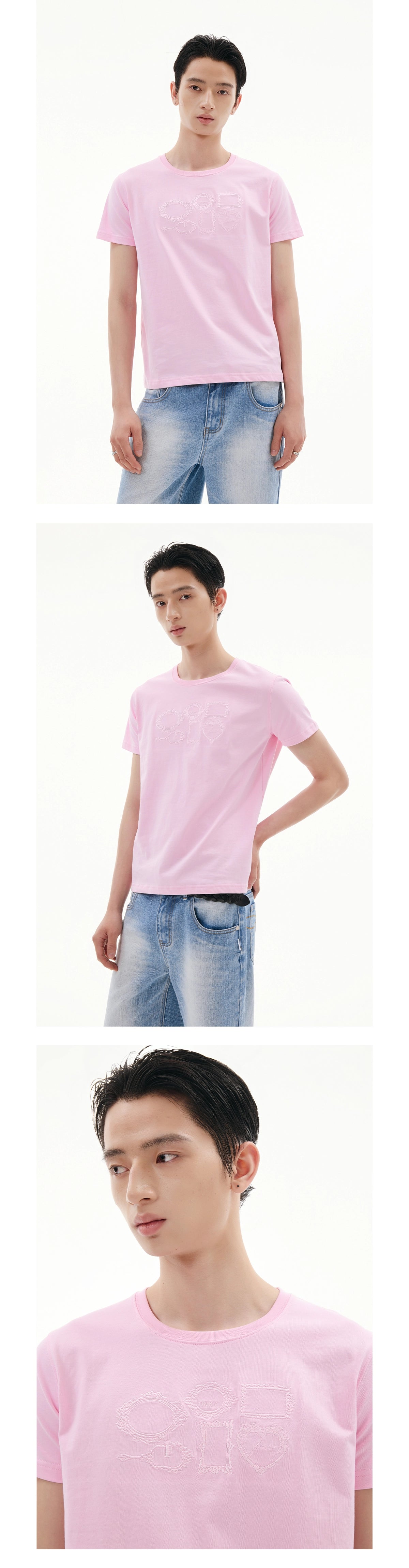 FUNKYFUN Picture Frame Same Color Three-dimensional Embroidery Loose Front Shoulder Tee