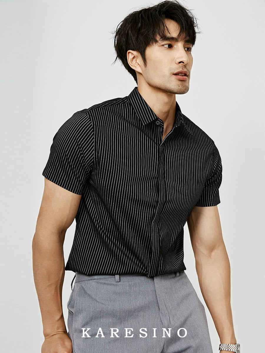 KARESINO Slim Fit Ice Silk Casual Striped Short Sleeve Shirt