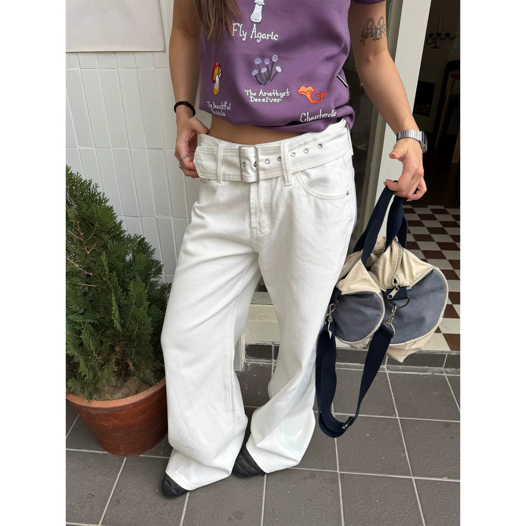 CCYE Medium and Low Waist Straight Versatile Belt Design Jeans