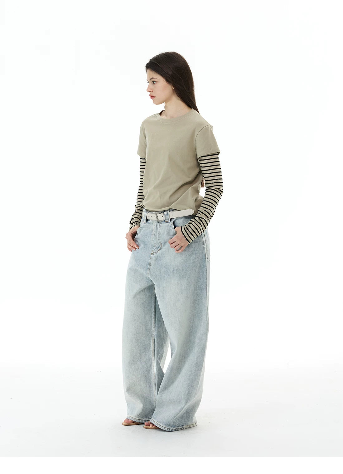 WLNEXT Vintage Fake Two-Piece Striped Front Shoulder Long Sleeve