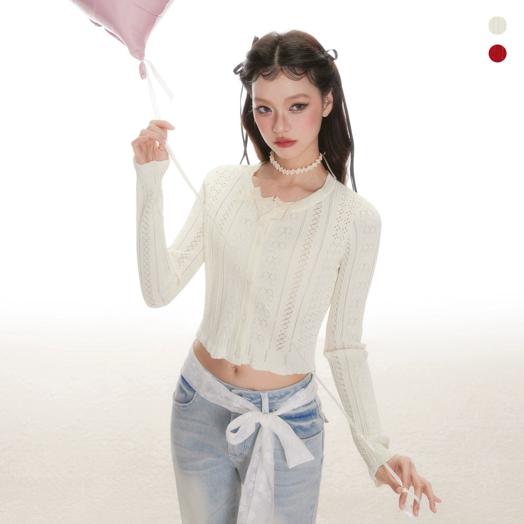 IMONE Fungus Edge Bow Crew Neck Short Knitted Shirt