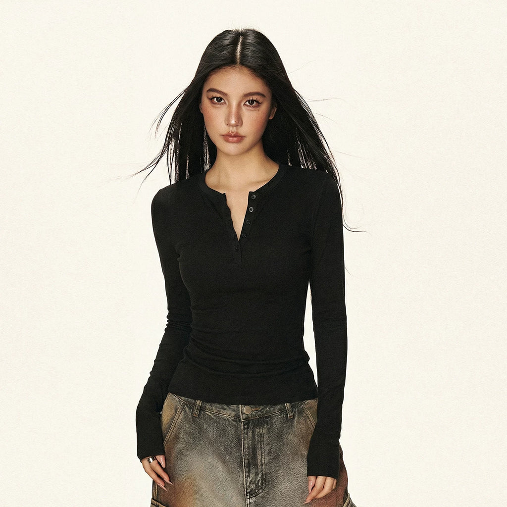 Cherry Melody Cropped Ribbed Henley Long-Sleeve Tee