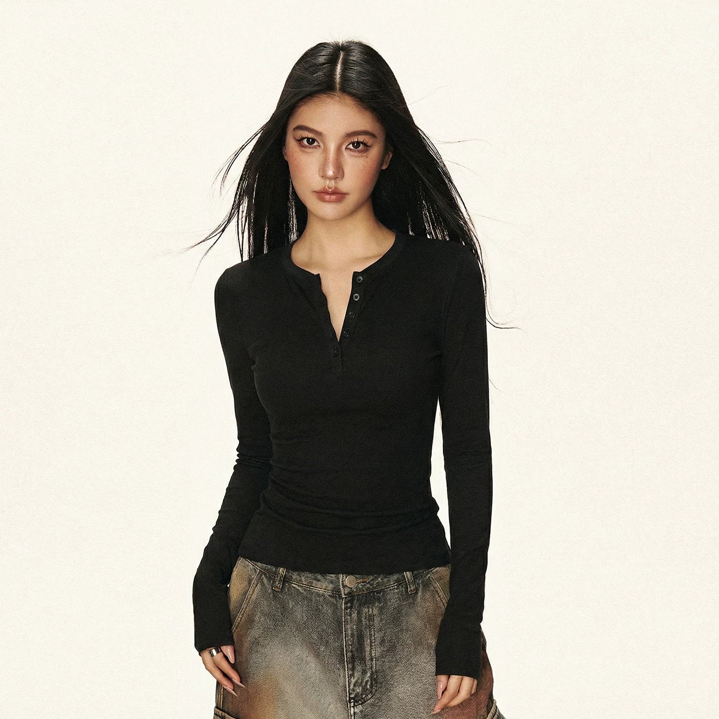 Cherry Melody Cropped Ribbed Henley Long-Sleeve Tee