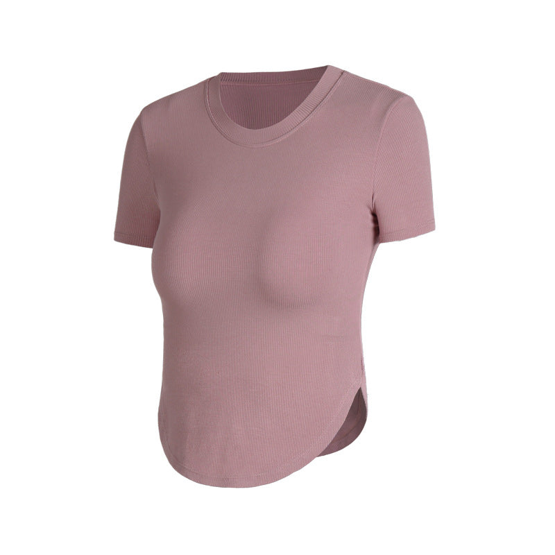 Athena Lulu Ribbed Sports Short Sleeve Blouse with Chest Pads