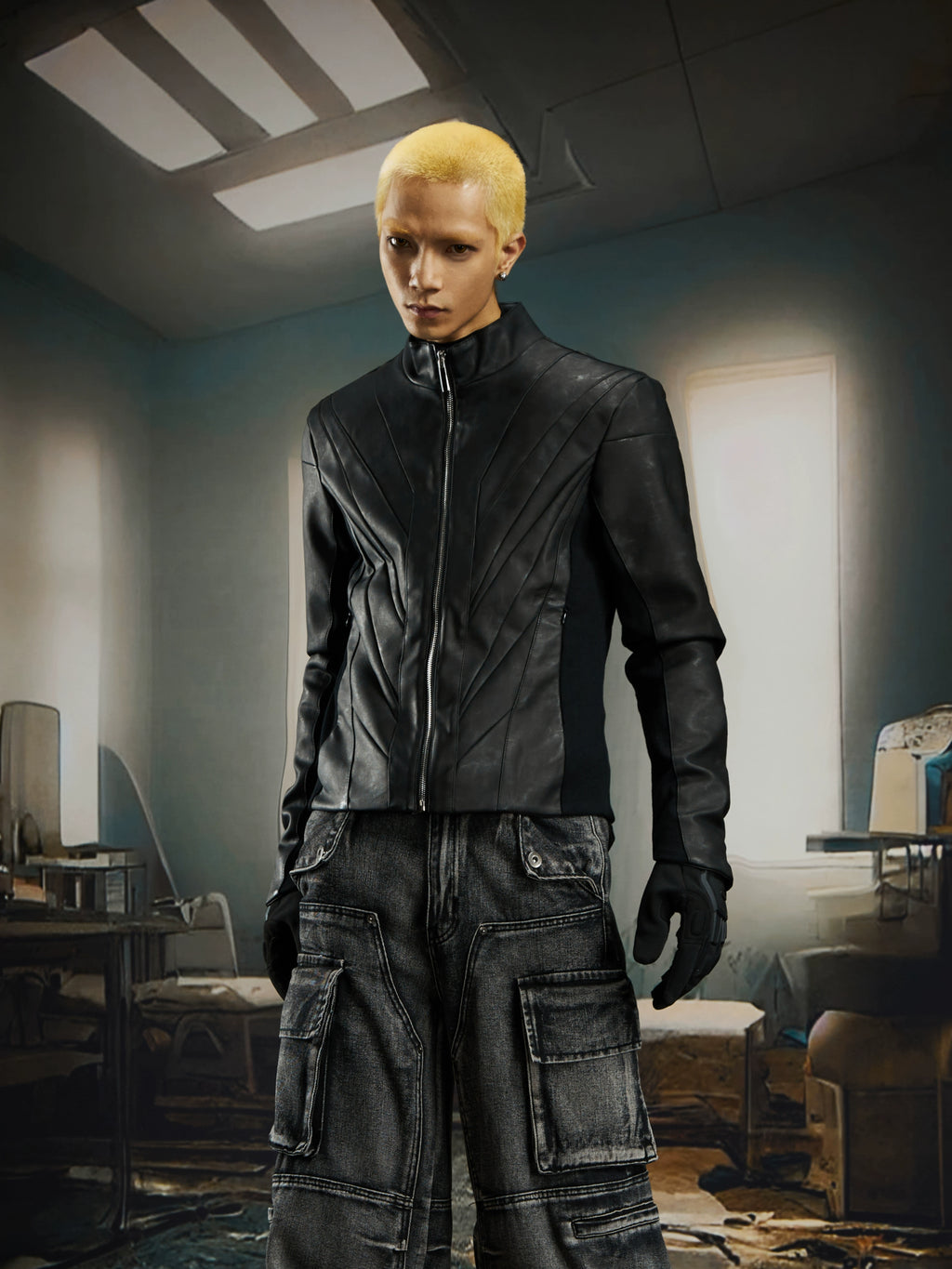 NUndefined Line Slim-Fit Short Stand-Up Neck Zipper Leather Jacket