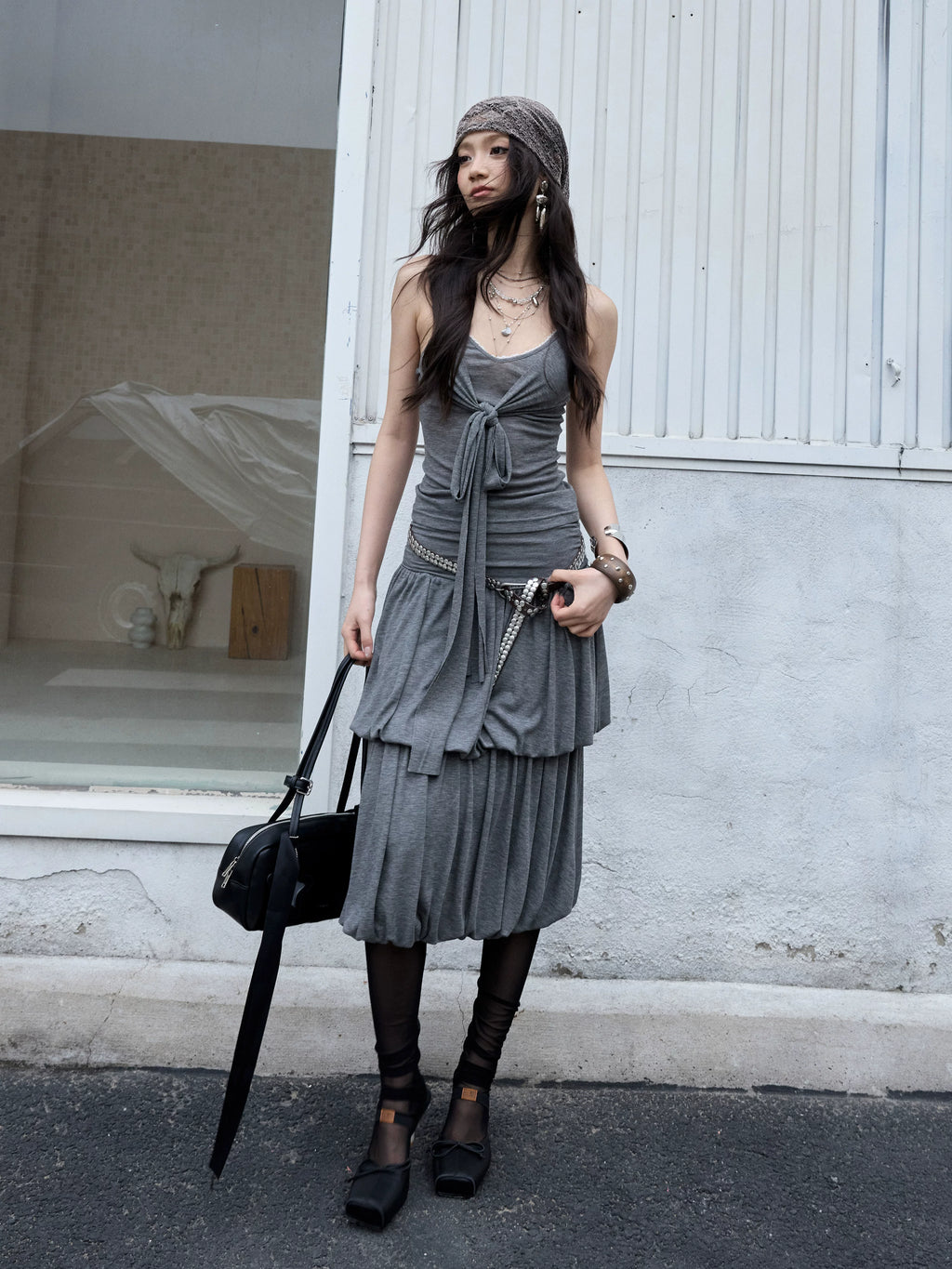 JNYLON Vintage Pleated Versatile Knit Camisole Midi Skirt Set