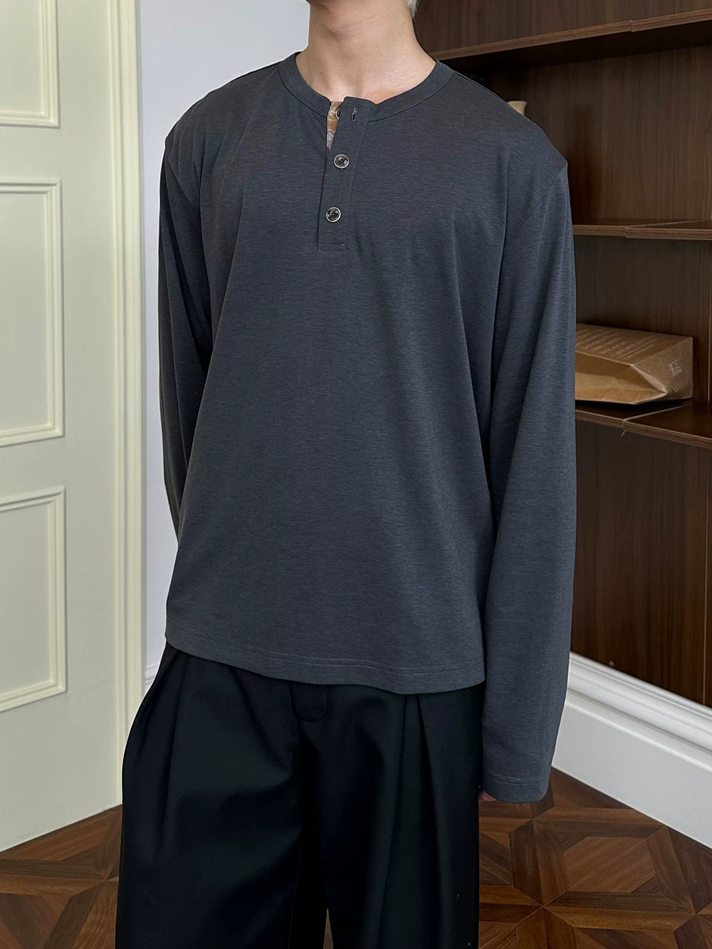 KREATE Contrast Henry Neck Bottom Shirt Long Sleeve