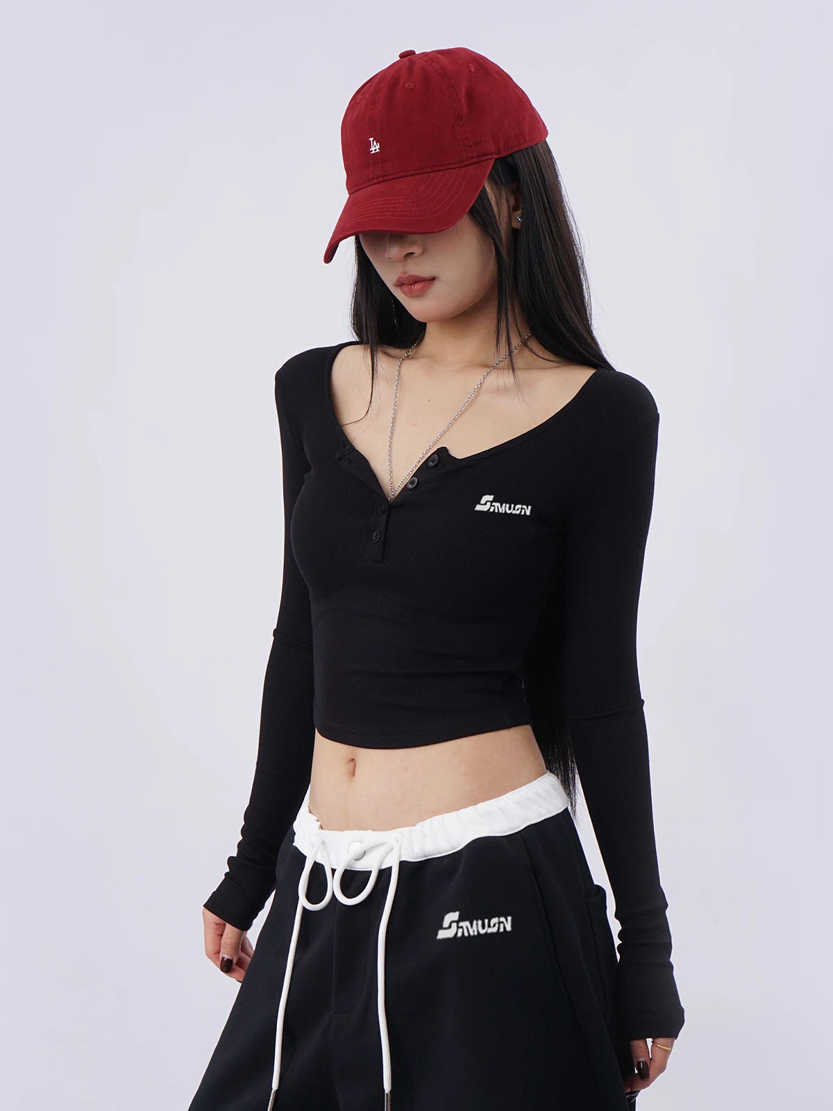 SAMUSAN Semi-open Neck Slim-fitting Versatile Long Sleeves