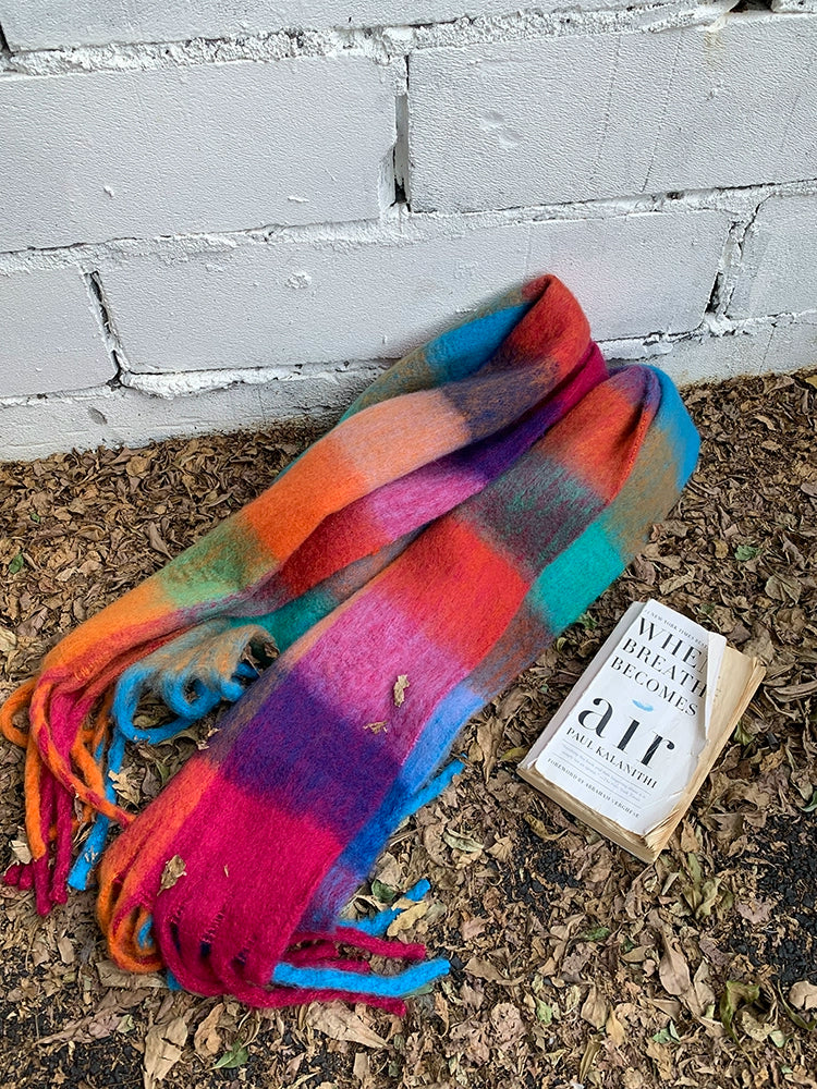 EAHO Korean Rainbow Plaid Contrasting Scarf
