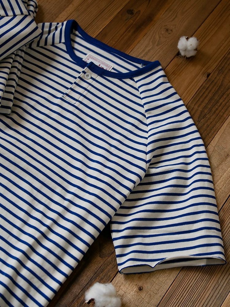 PrintAce Henry Collar Shoulder Vintage Blue and White Striped Tee