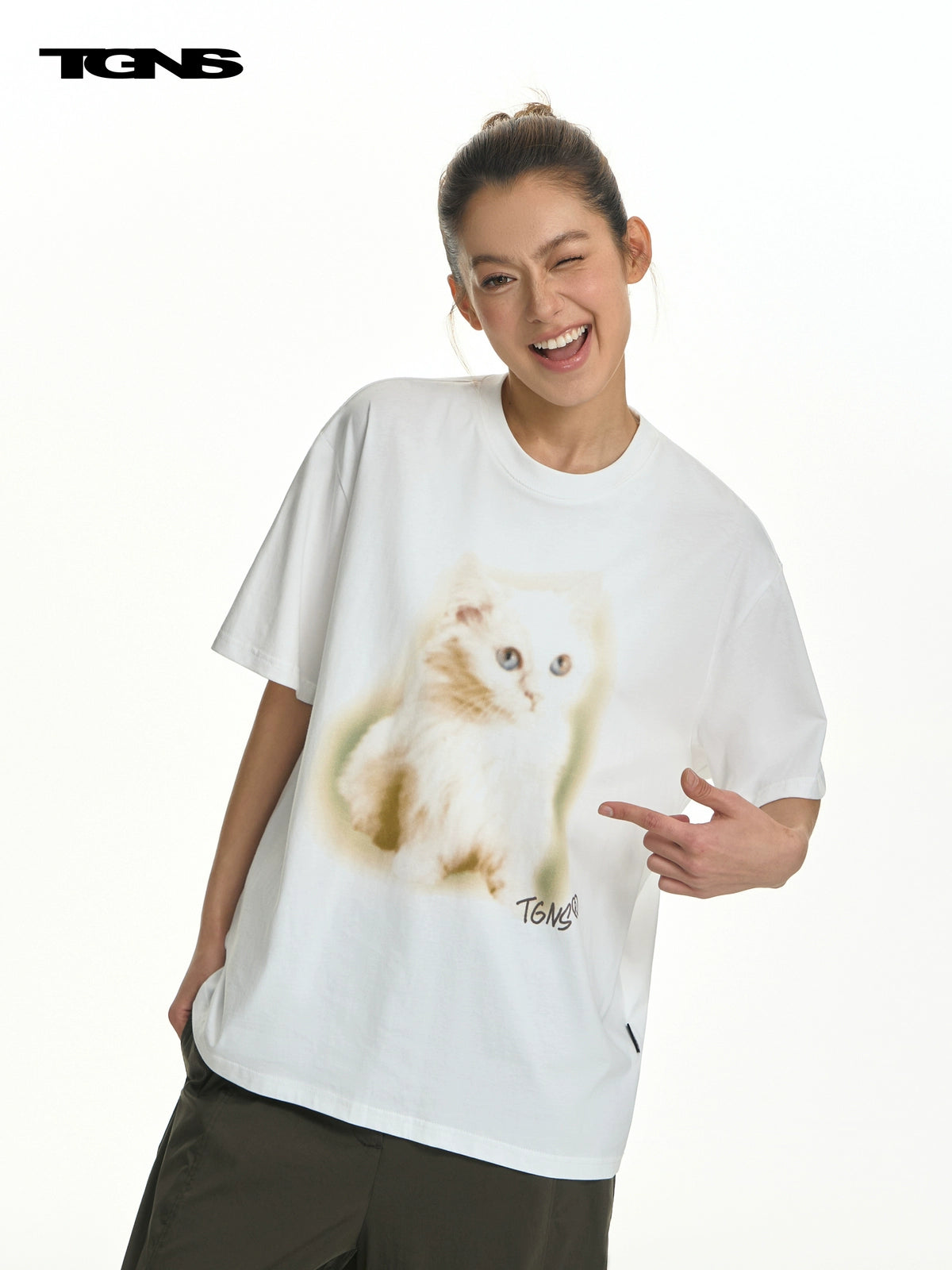 TGNS Fuzzy Cat Print Loose Versatile Tee