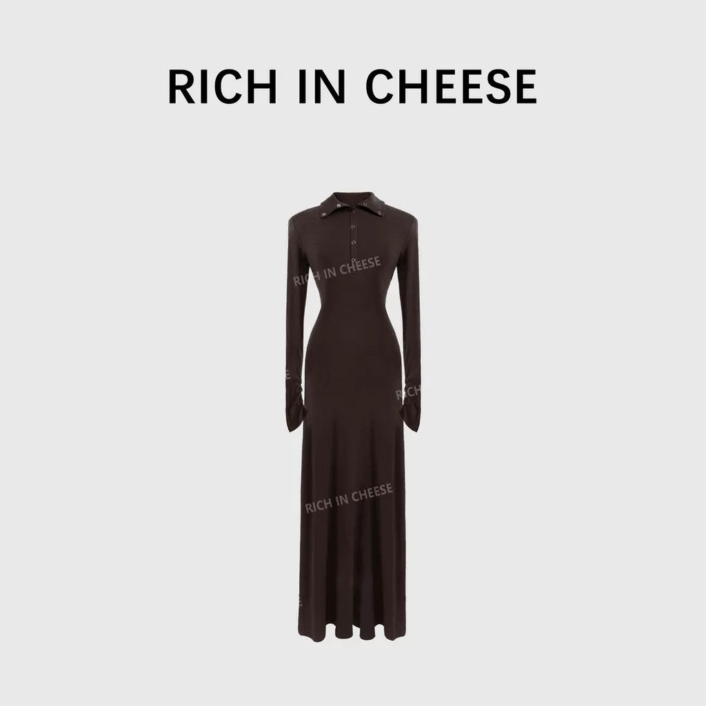 RICH IN CHEESE Turndown Collar Waist Slim Knitted Dress