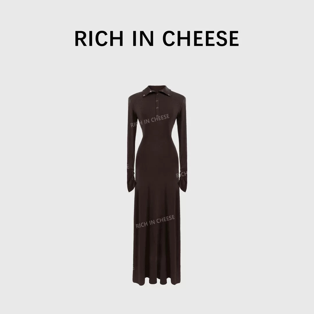 RICH IN CHEESE Turndown Collar Waist Slim Knitted Dress