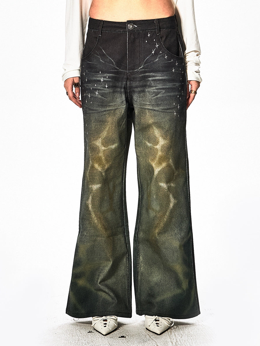 DND4DES Micro-pull Straight Tube Psychedelic Green Gypsy Hot Diamond Trousers