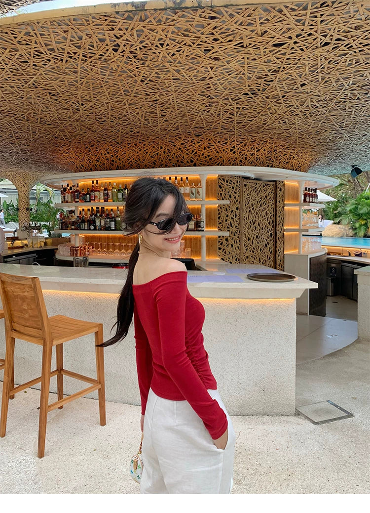 Pusumede Temperament Word Shoulder Slim Pleated Long Sleeves