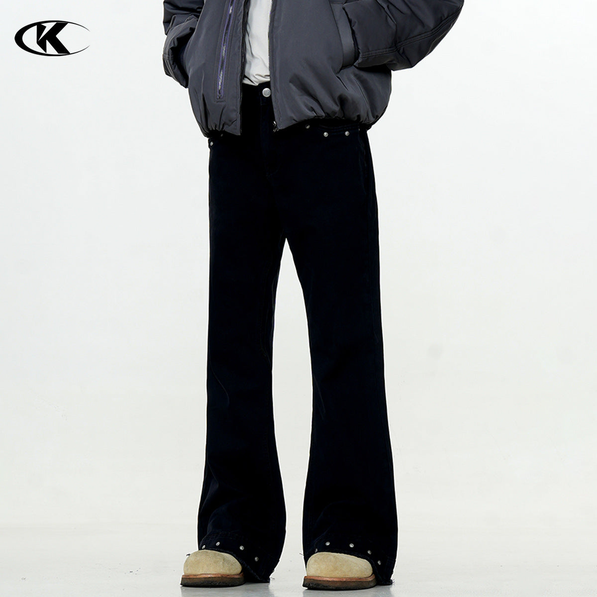 11KN gray-green riveted slim jeans