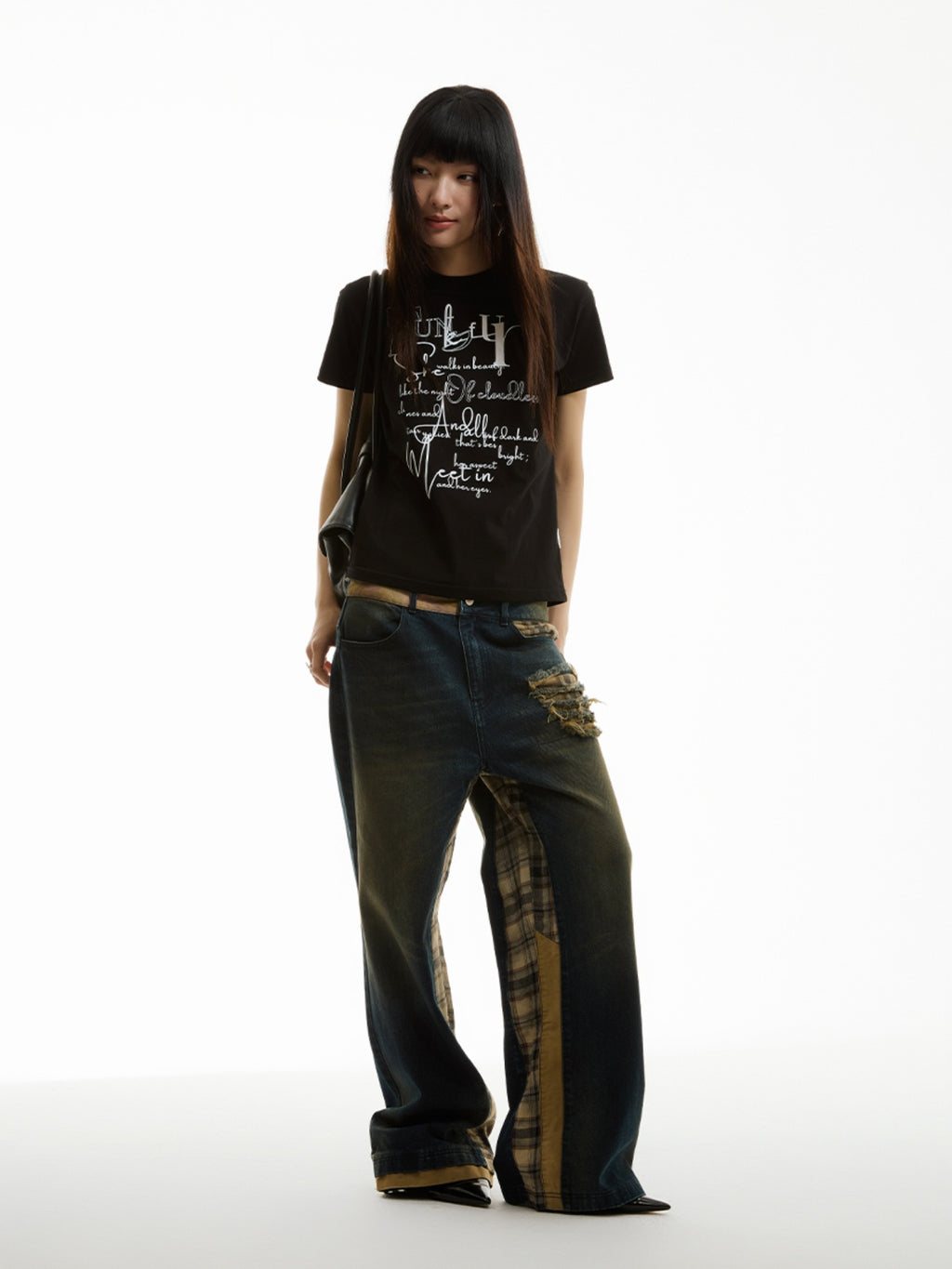 FUNKYFUN Washing Water Ripped Splicing Plaid Retro Jeans