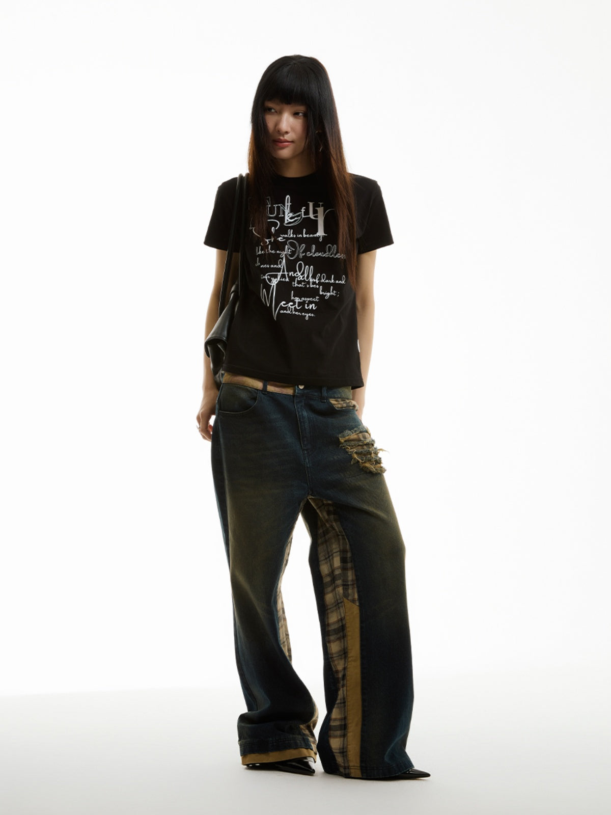 FUNKYFUN Washing Water Ripped Splicing Plaid Retro Jeans