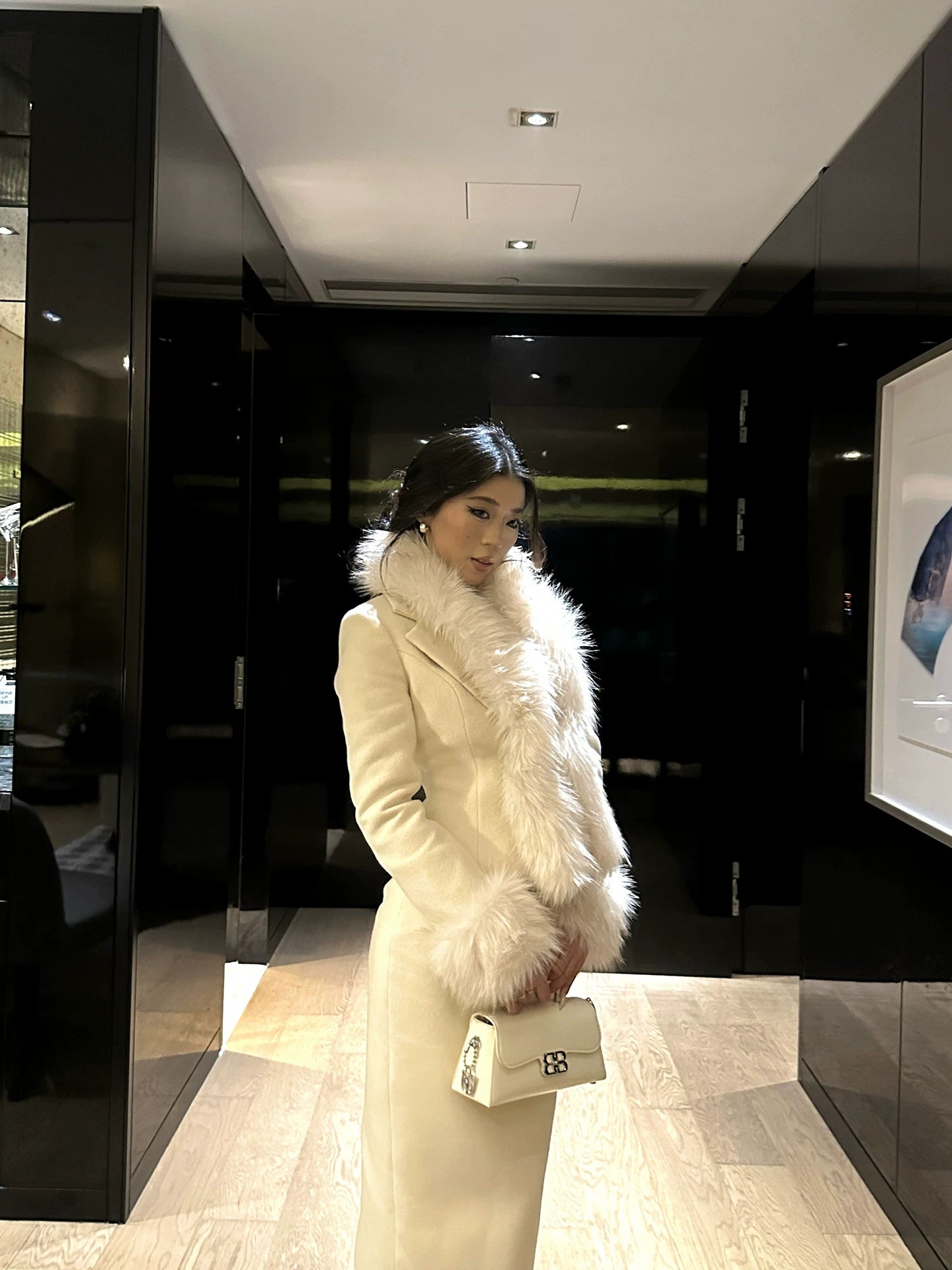 LLROGE Fur Collar Waist Woolen Jacket Skirt Two-piece Set