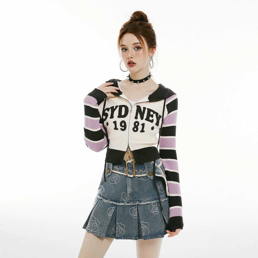 IMONE Vintage Contrast Striped Patch Embroidered Hooded Cardigan