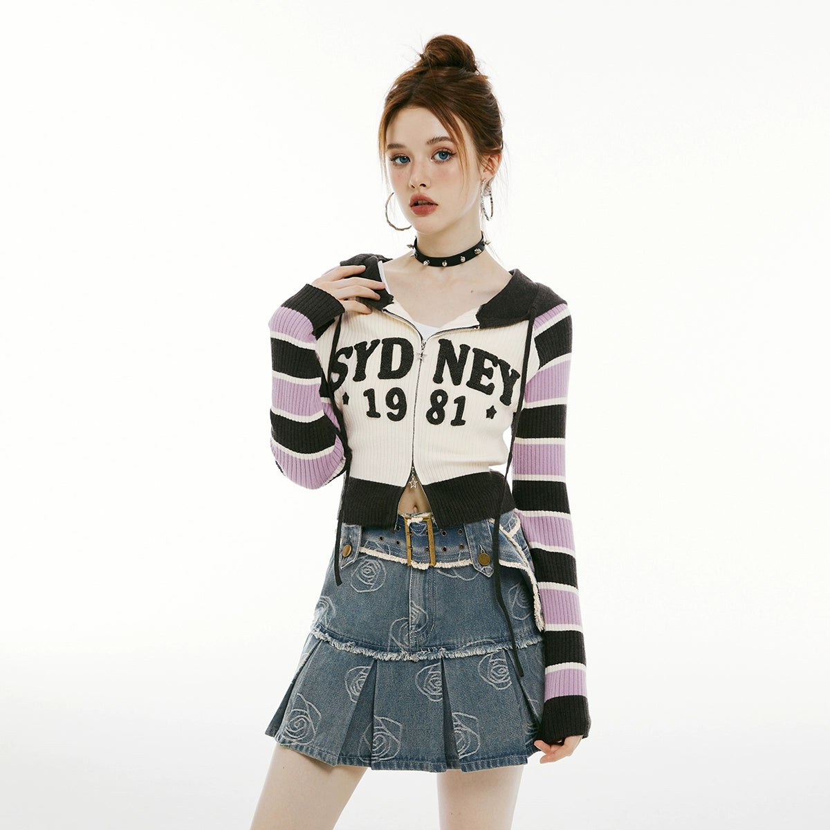 IMONE Vintage Contrast Striped Patch Embroidered Hooded Cardigan