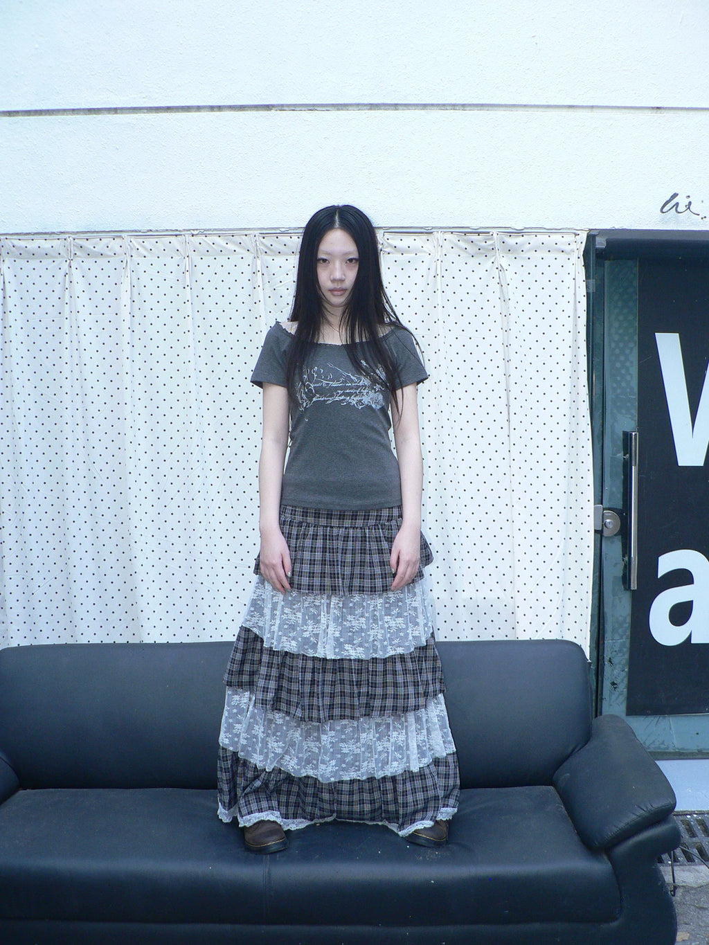 Ang:project Plaid Paneled Floral Mesh Maxi Skirt