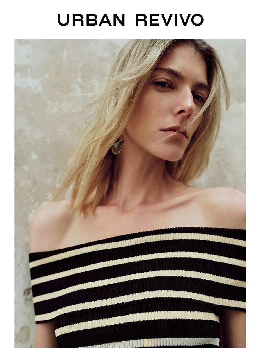 URBAN REVIVO One-word Shoulder Contrasting Striped Pit-pattern Knitted Sweater
