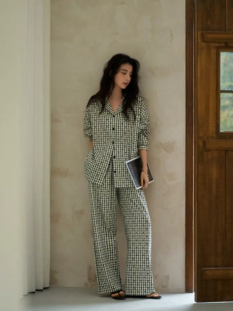 YUENEI Plaid Cotton Long-sleeved Trousers Pajamas