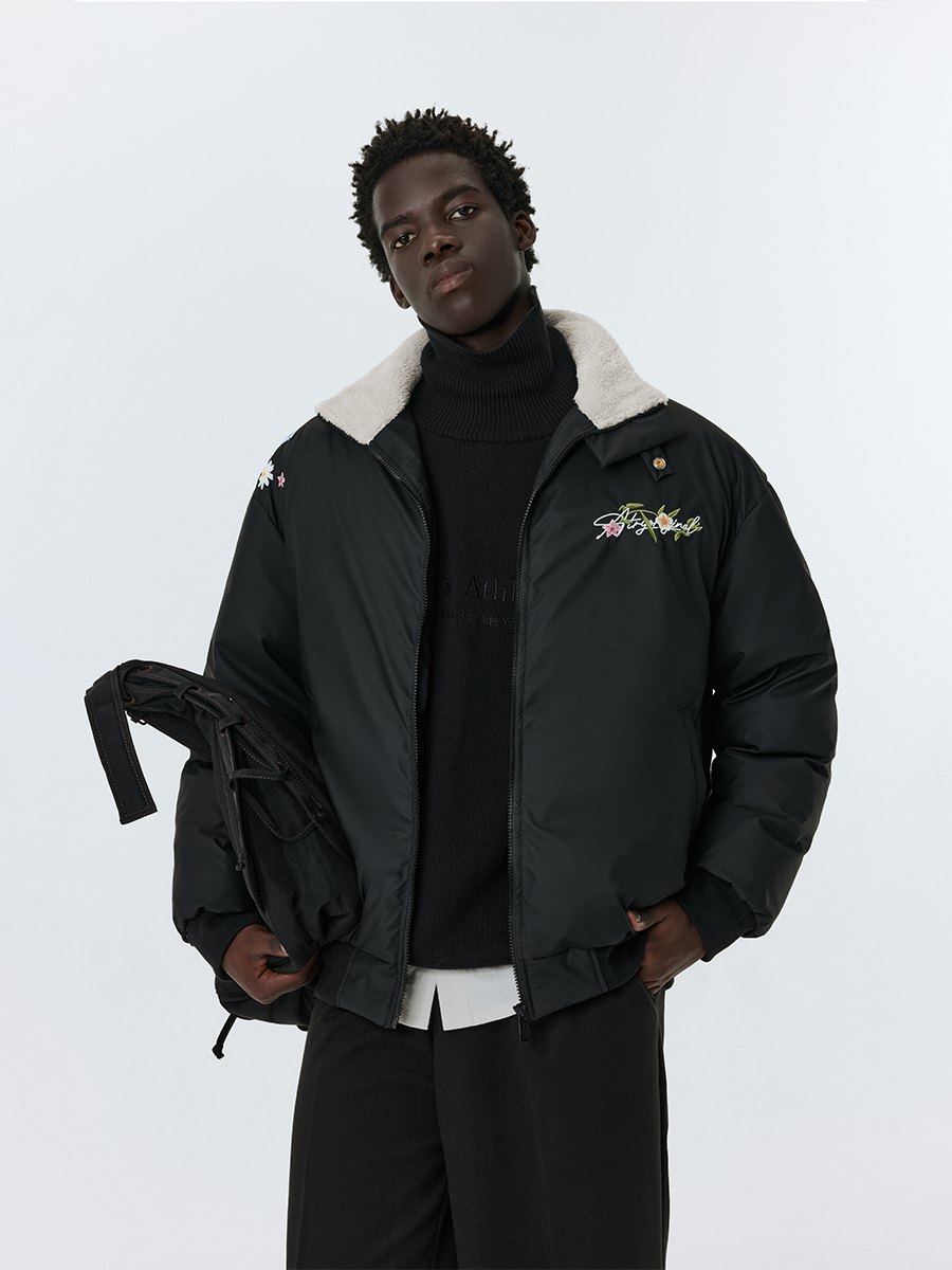 ATRY Embroidered Floral Fur Collar Lapel Thick Coat