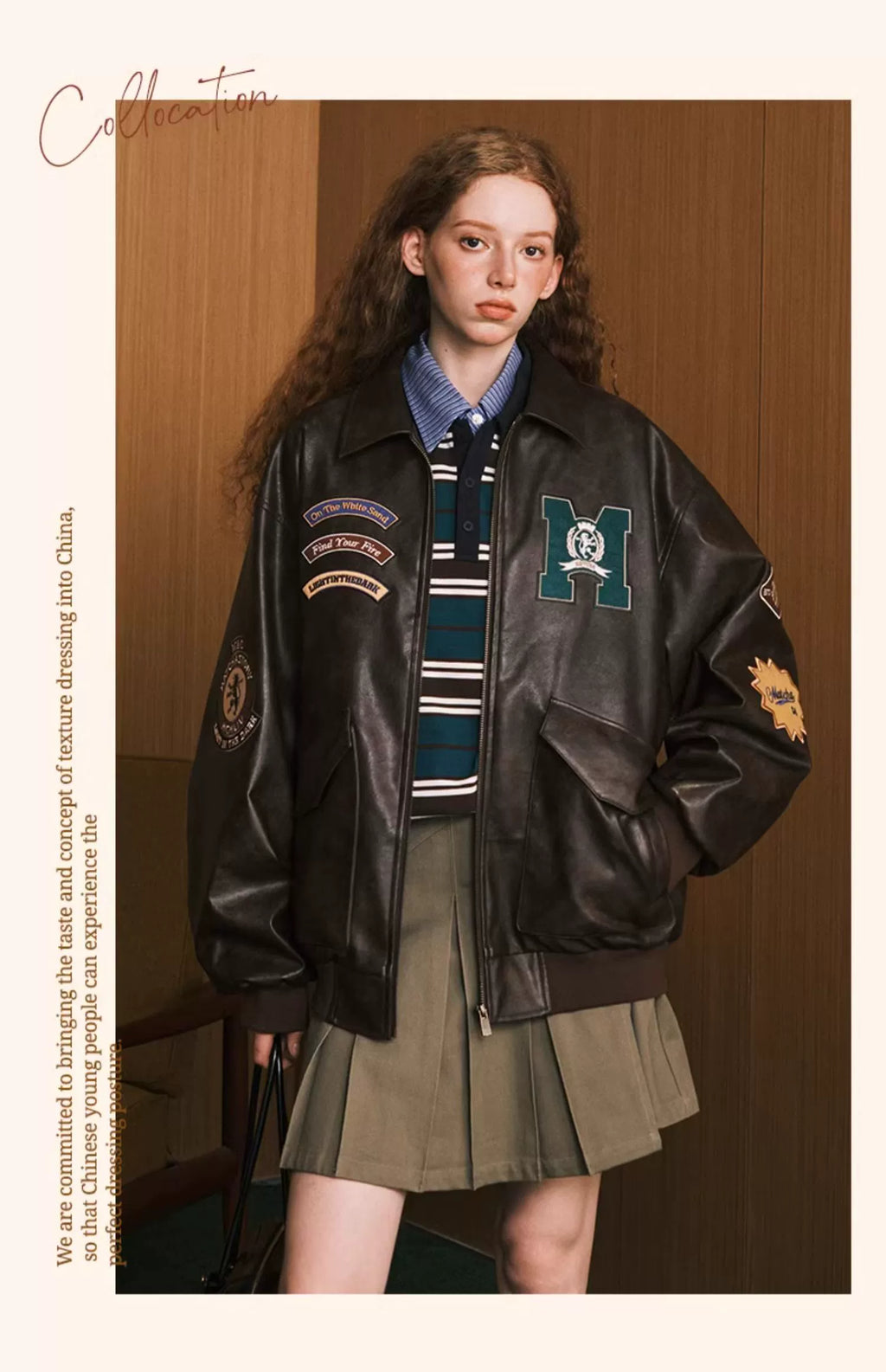 MATCHA STORY Badge Embroidered Lapel Leather Jacket