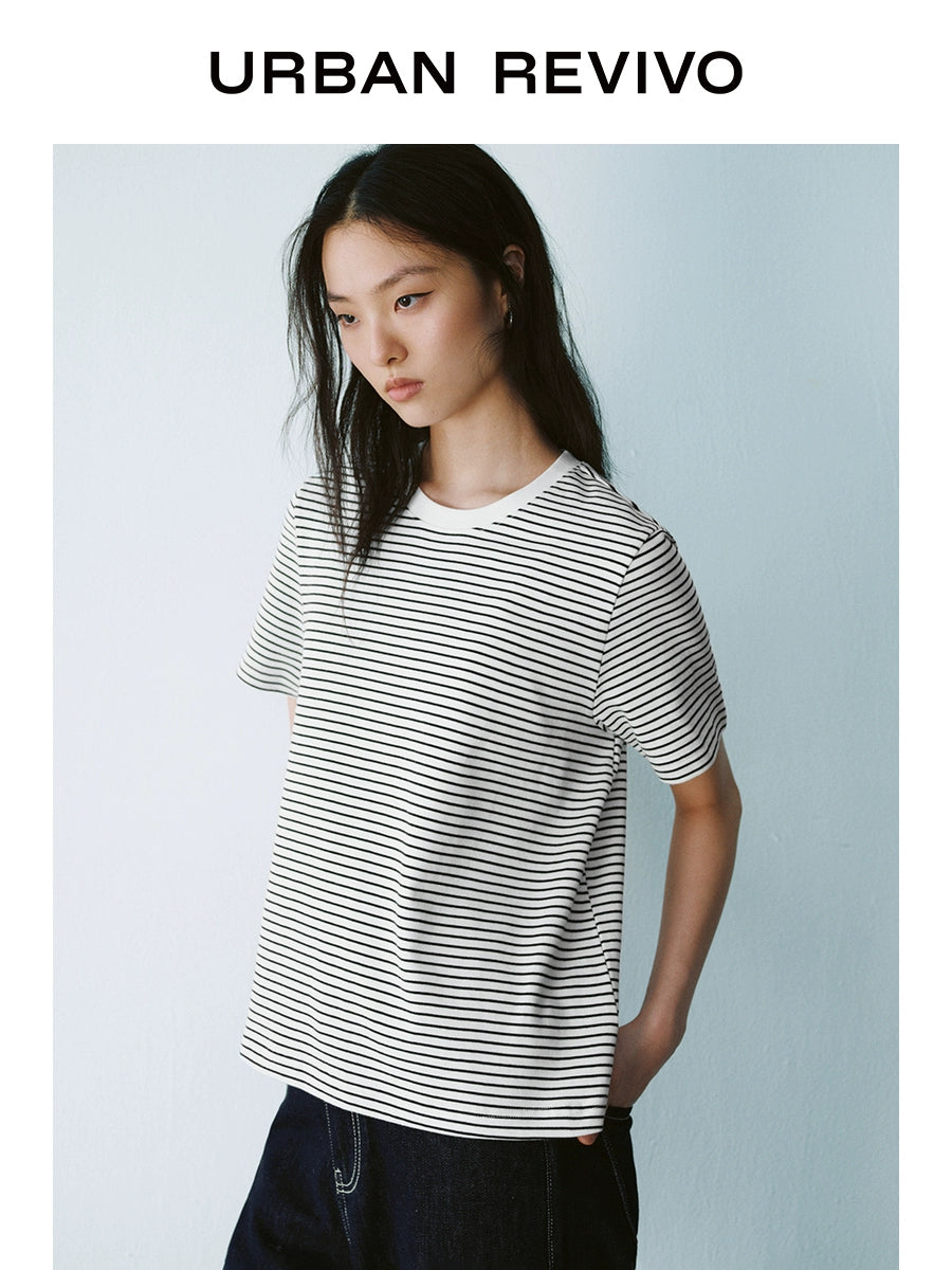 URBAN REVIVO Contrast Striped Crew Neck Short Sleeve T-Shirt