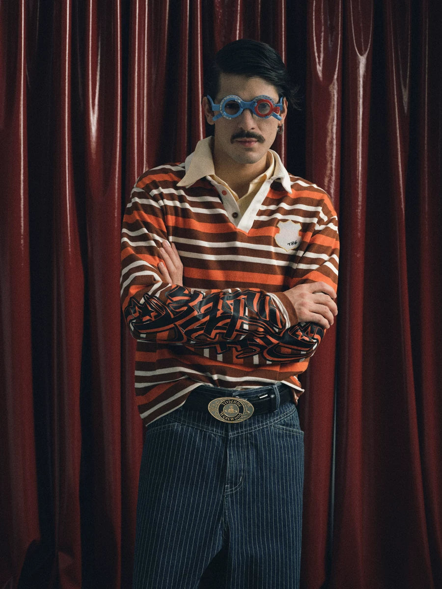 TREclub Vintage Striped Embroidered Epaulettes Polo Shirt Long Sleeve
