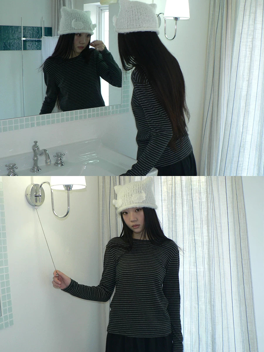 Ang:project Simple Casual Contrast Striped Crew Neck Long Sleeves
