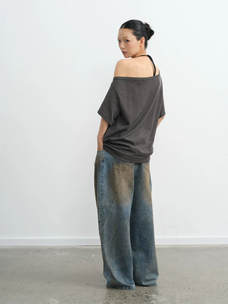 LINY LIBERTY Vintage Loose Slanted Shoulder Tee
