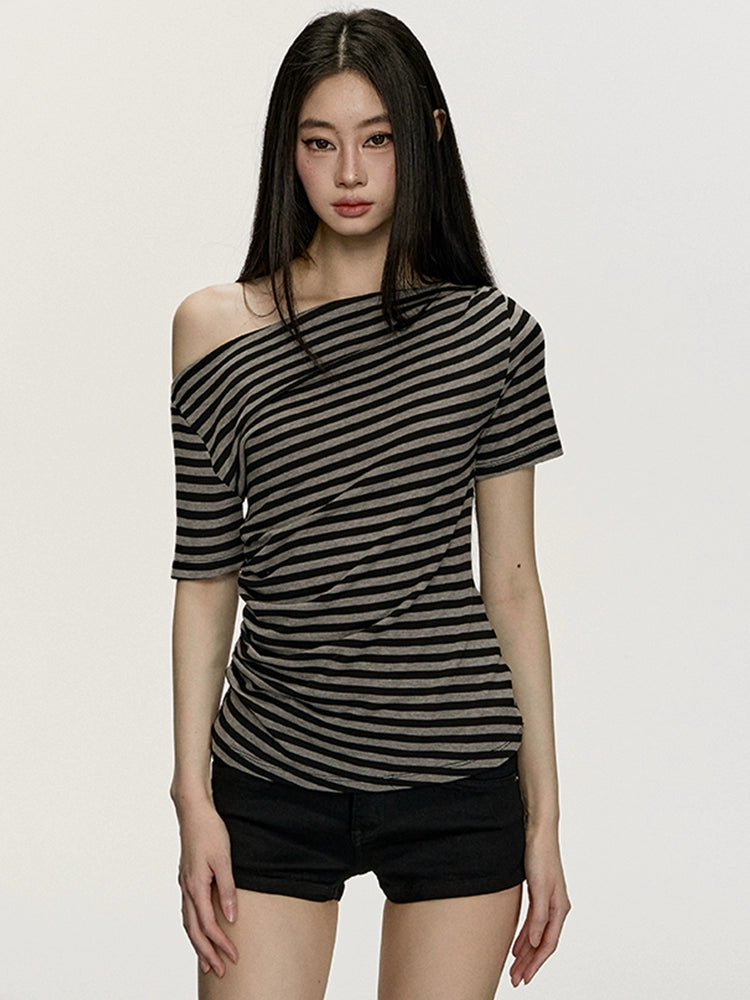 Anna Aneae Slanted Shoulder Striped Loose Tee