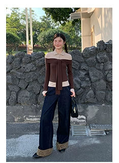 Kano Fake Two-piece Splicing Streamer Collar Knitted Long Sleeve